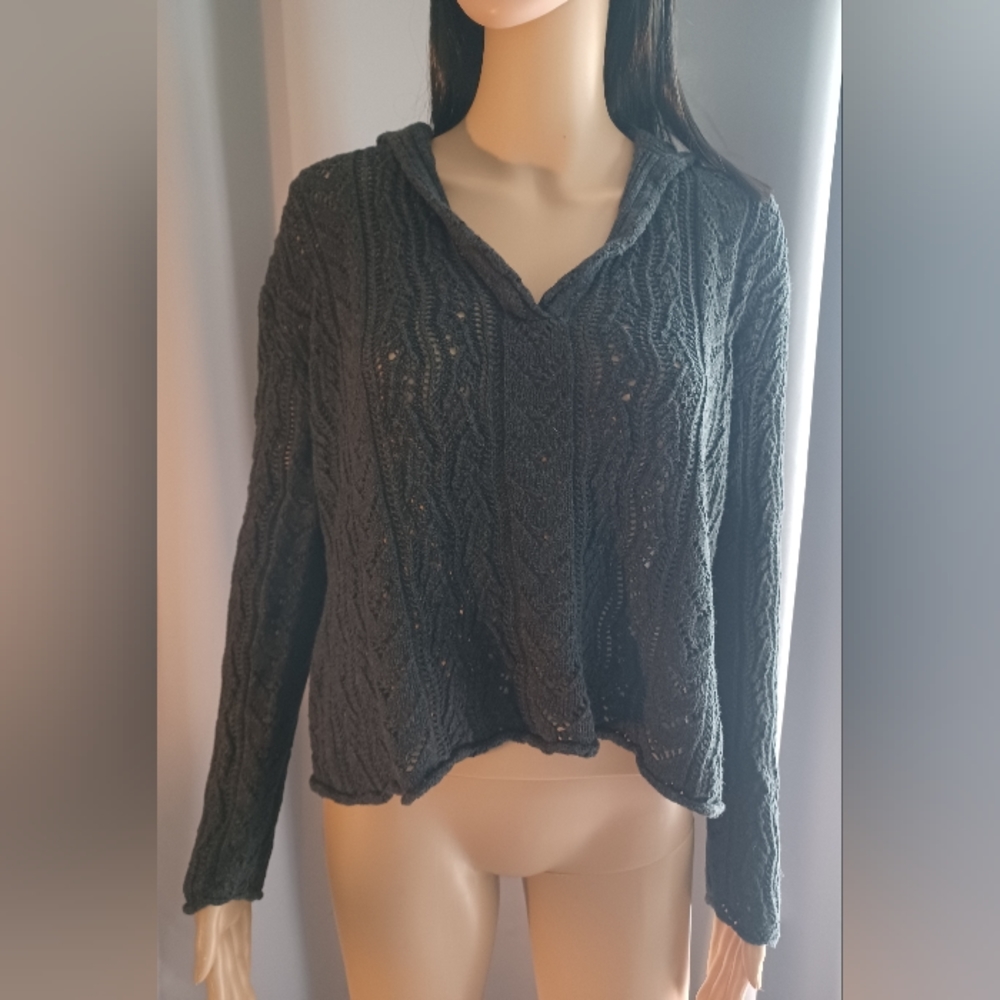 Indigenous One Weave Black Loose Knit Sweater Hoodie Black XL Hand Loomed